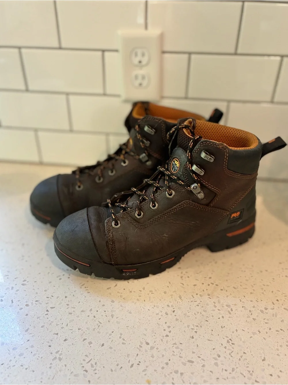 Timberland PRO Brown and Black Work Boots with Orange Accents